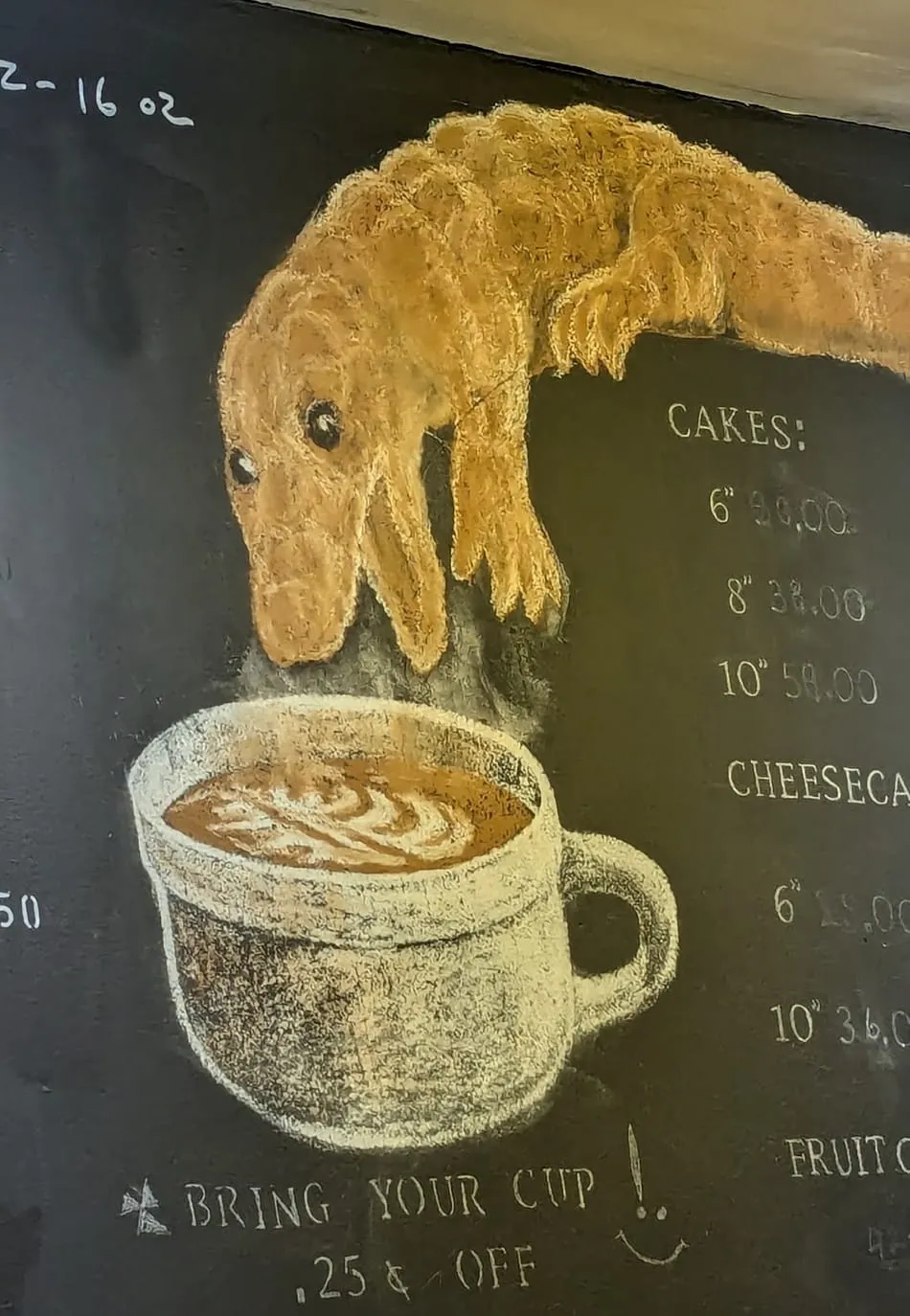 Chalkboard drawing of a dachshund made of bread crust leaning over a latte, with the note: bring your cup, 25 cents off